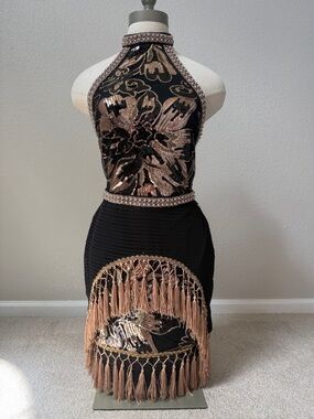 12th Tribe Black & Rose Gold Sequin Halter Fringe Mini Dress